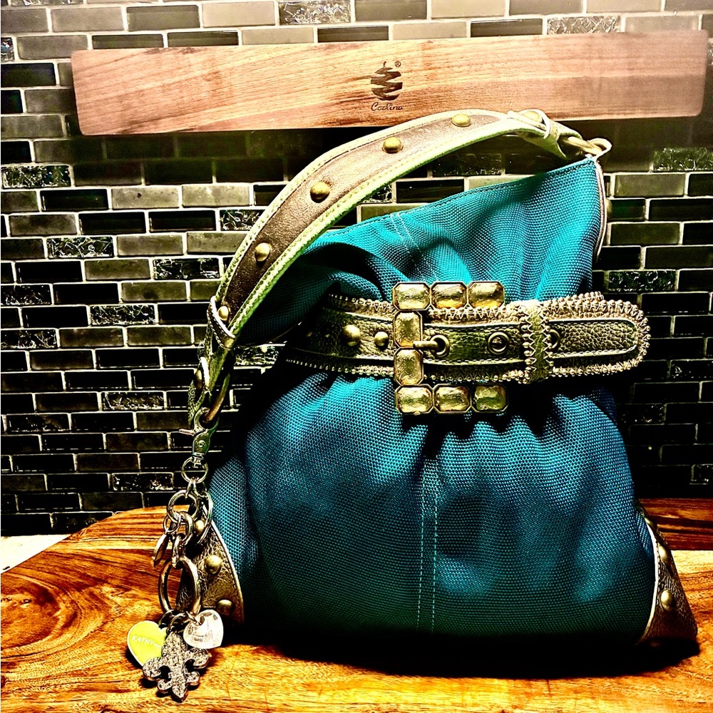 Kathy Van Zeeland Teal Shoulder Bag with Gold Accents
